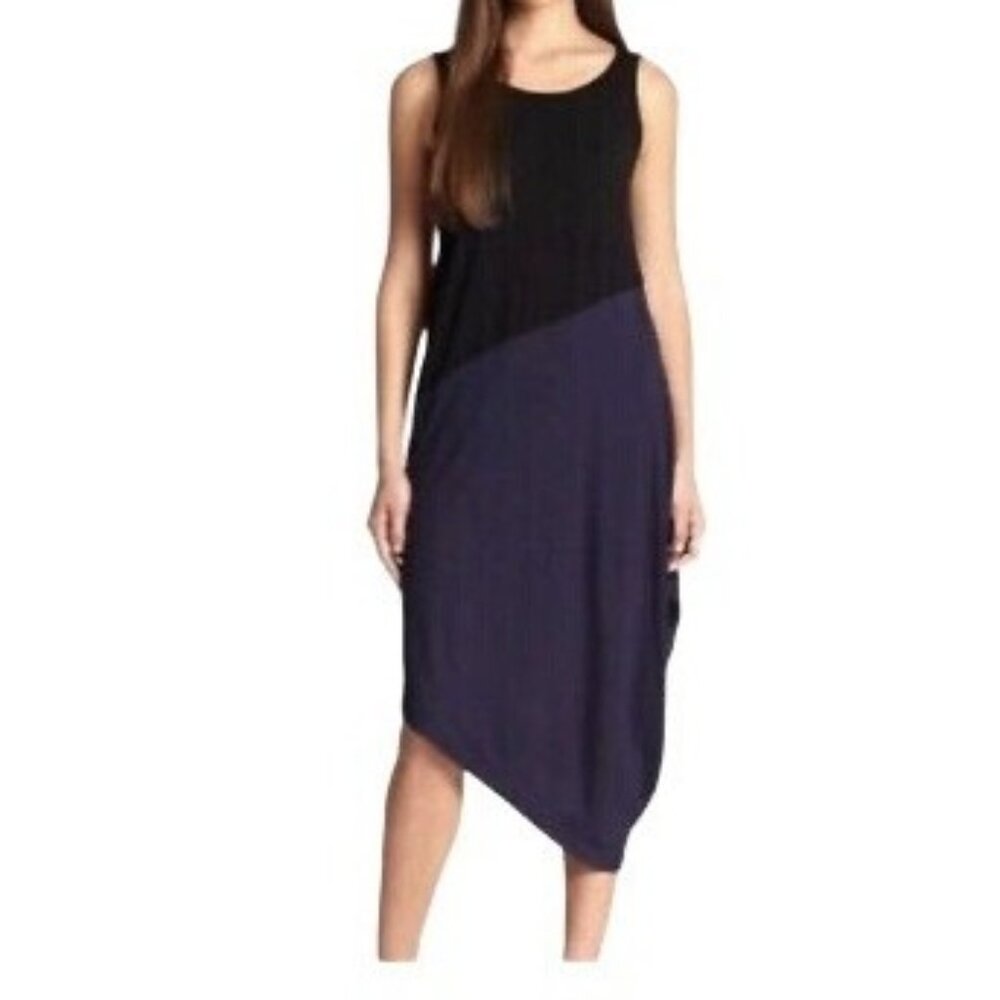 Eileen Fisher Womens Asymmetrical Colorblock Dress Size Small Knit Black‎ & Blue